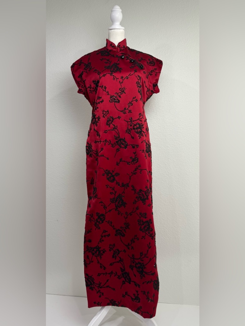 VTG 90s USA Made Night Way Red Satin Floral Cheongsam Qipao Dress Maxi Sz 6.